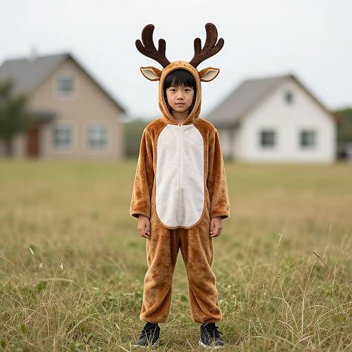 Photograph of a young boy in a brown reindeer costume with antlers, standing in a grassy field, blurred suburban houses in the background.