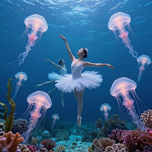Photograph of a ballet dancer in a white tutu, surrounded by glowing jellyfish, underwater with colorful coral reefs below.