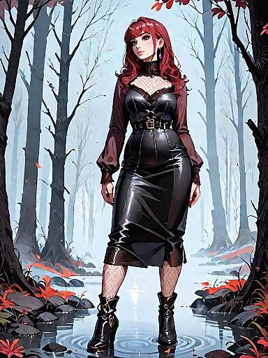 Dark Fantasy Woman in Gothic Outfit in Misty Forest