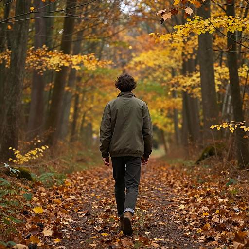Photograph of a person with curly hair, green jacket, and dark pants walking down a leaf-covered forest path in autumn. Vibrant yellow and orange