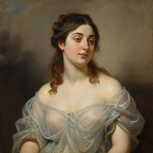 Classical portrait of a fair-skinned, dark-haired woman with soft curls, wearing an off-shoulder, sheer, silver-gray gown, looking
