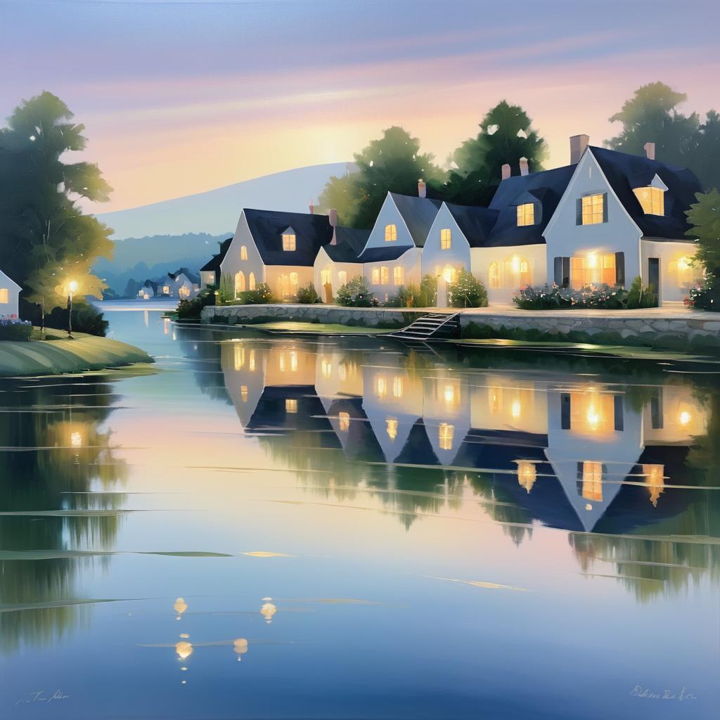 Twilight Serenity in a Lakeside Village