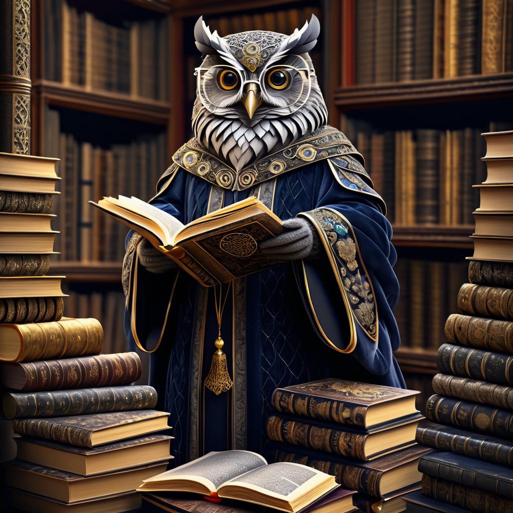 Wise Owl in Cozy Library Setting