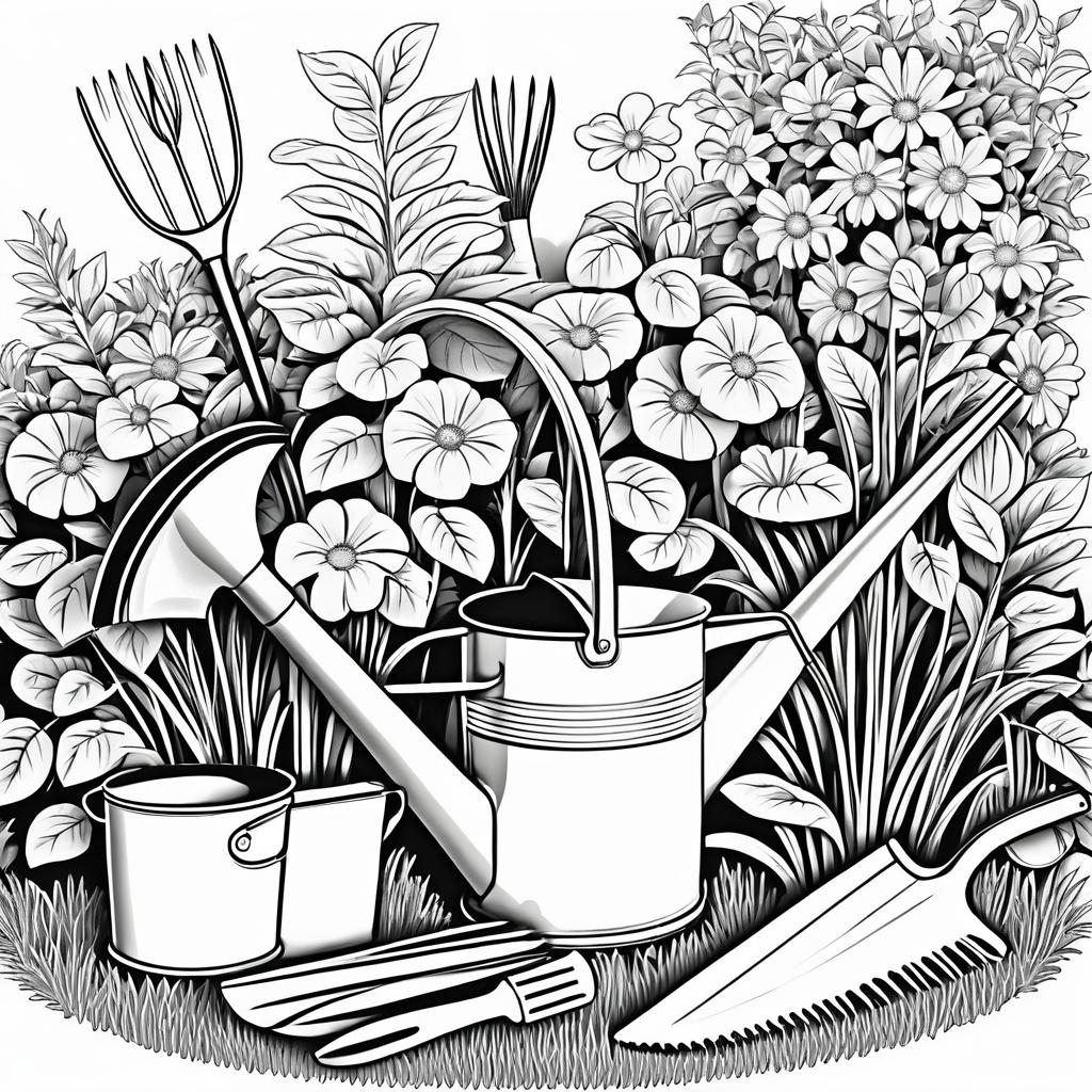 Garden Tools B&W Coloring Page Design