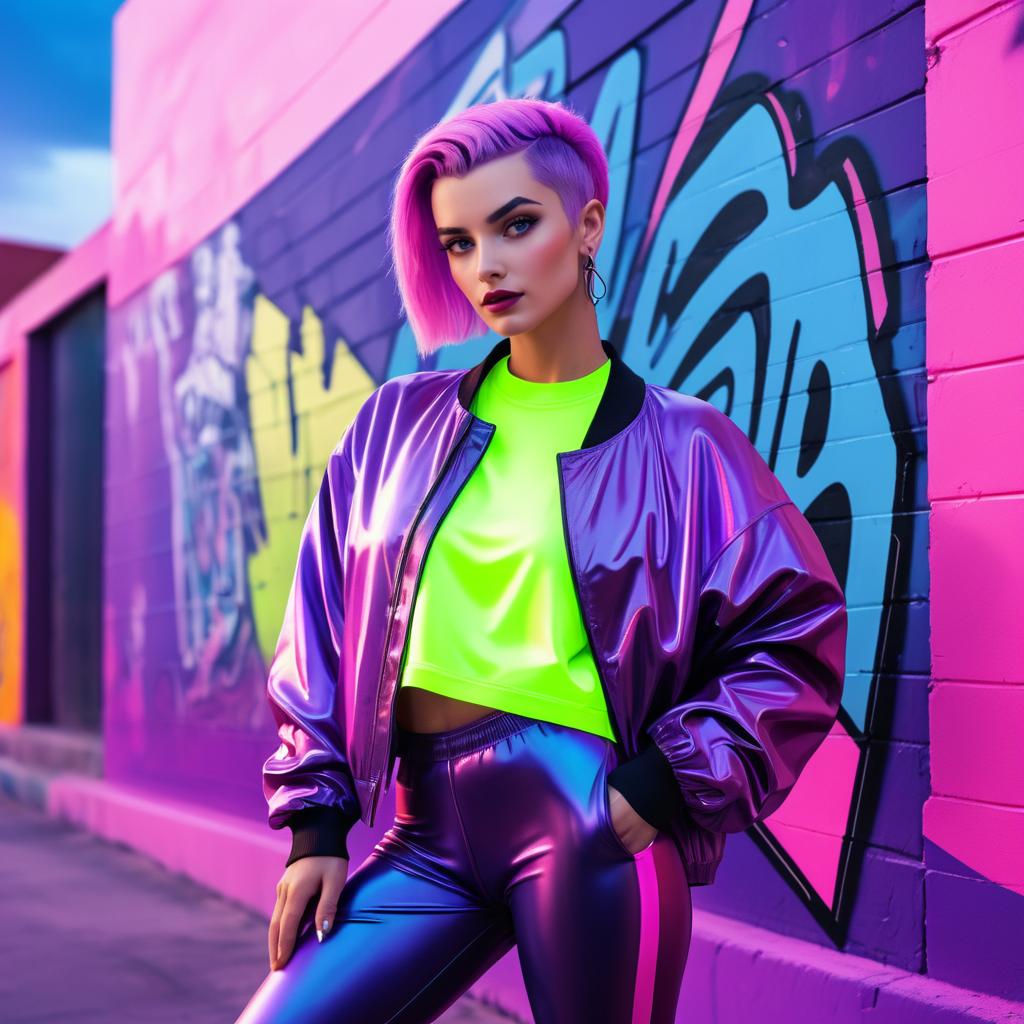 90s Purple-Haired Woman in Neon Style