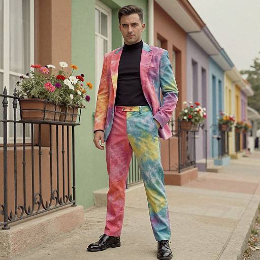 Confident Man in Vibrant Tie-Dye Suit