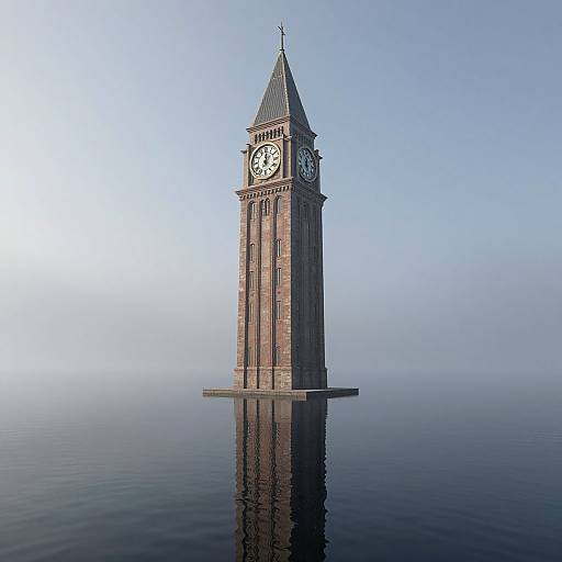 Photorealistic CGI of a solitary, red-brick clock tower with a pointed roof, standing on a calm, reflective water surface, against a clear