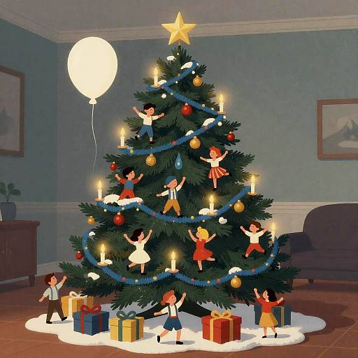 Vintage Christmas Tree Illustration with Characters