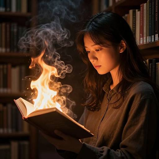 Photograph of a young Asian woman with long black hair, wearing a dark shirt, reading a book with a bright, smoky flame emerging from it
