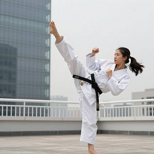 Dynamic Martial Arts Pose on Rooftop