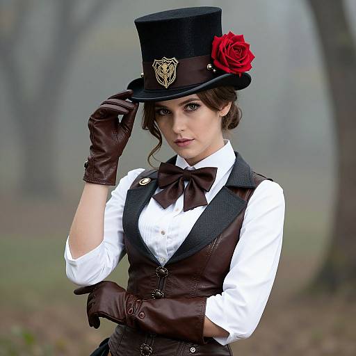 Photograph of a woman in a steampunk-inspired outfit, wearing a black top hat with a red rose, brown leather gloves, white shirt,