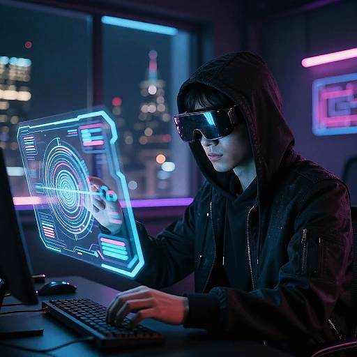 Cyberpunk-style photograph of a hoodie-wearing person with dark sunglasses, typing on a keyboard while viewing a glowing, neon-blue holographic screen in