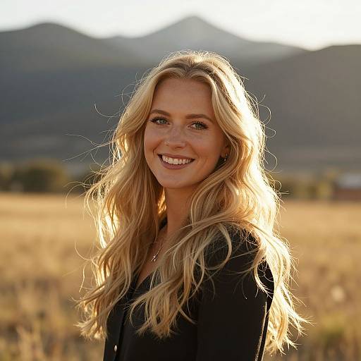 Photograph of a smiling blonde woman with long, wavy hair, wearing a black top, standing in a sunlit, golden field with mountains in