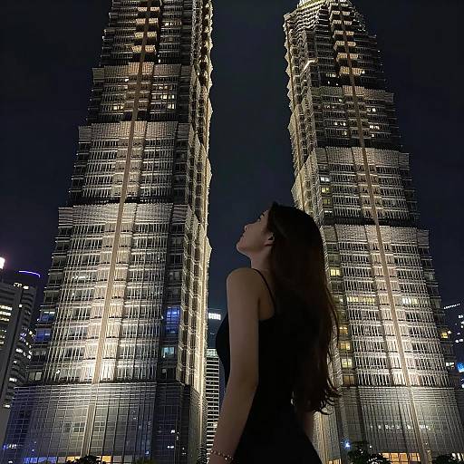 Young Woman Admiring Illuminated Skyscrapers at Night