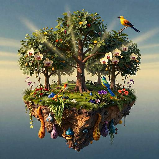 Dreamlike Floating Orchard with Birds