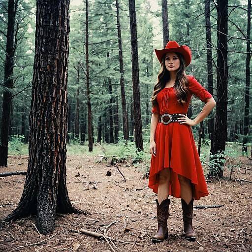 Woman in Red Cowboy Dress in Forest
