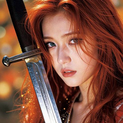 Photograph of a red-haired woman with fair skin and blue eyes, holding a sword, with autumn leaves blurred in the background. Her expression is intense
