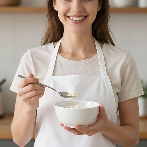 Photograph of a smiling woman with brown hair, wearing a white apron and shirt, holding a bowl of oatmeal with a spoon. Bright kitchen