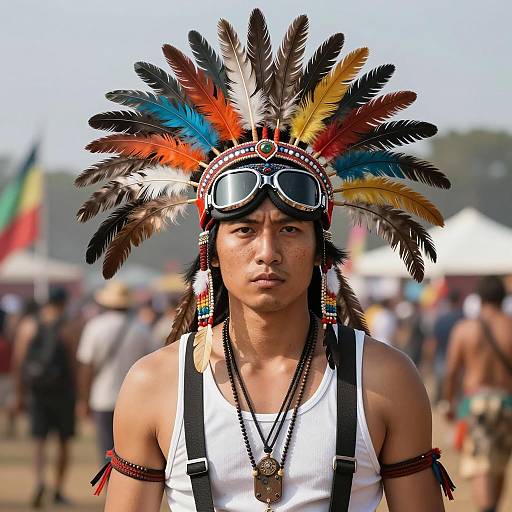 Man Wearing Colorful Feathered Headdress at Music Festival