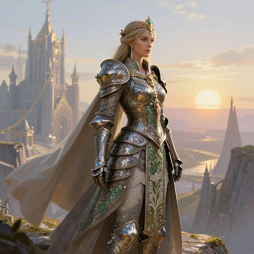 Digital art of a blonde, fair-skinned, armored woman with a crown, standing on a rocky cliff at sunset, with a grand castle in the