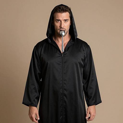 Photograph of a serious, bearded man with slicked-back brown hair, wearing a black hooded robe, holding a spoon in his mouth,
