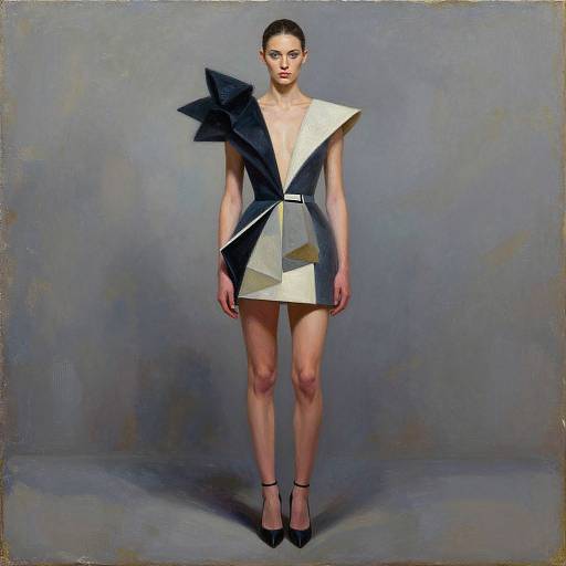 Photograph of a slender, fair-skinned woman with dark hair in an elegant, asymmetrical black and white geometric mini dress, standing against a gray