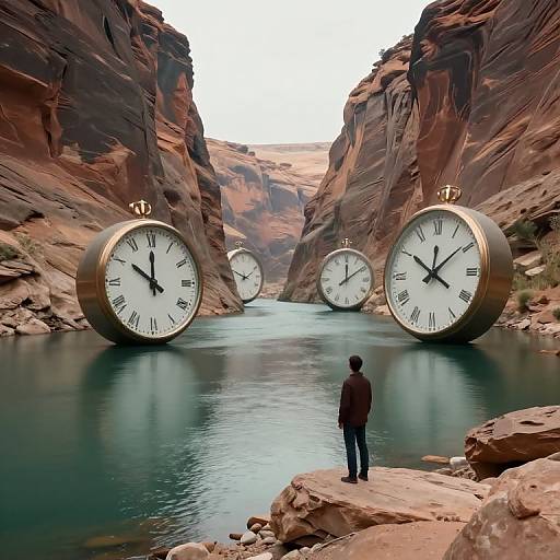 Photograph of a lone person standing on rocky riverbank, facing four giant, floating clock faces in a canyon. Clocks have Roman numerals,