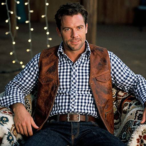 Photograph of a handsome, bearded man with short dark hair, wearing a brown leather vest over a black-and-white checkered shirt, sitting on
