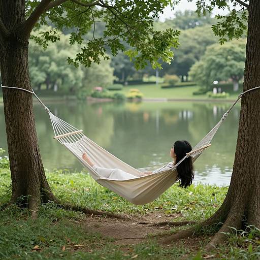 Woman Relaxing in Hammock by Lake
