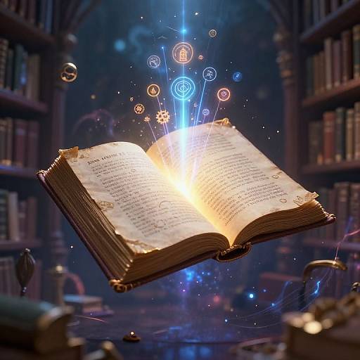 Photograph of an open glowing book floating in a library, surrounded by magical blue and white circular symbols and sparkles.