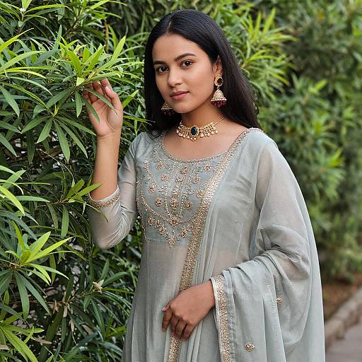Photograph of a young South Asian woman with long black hair, wearing a light blue embroidered kurti, gold necklace, and earrings, standing against