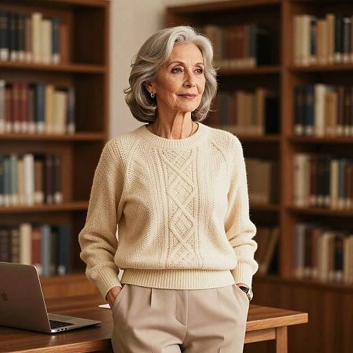 Photograph of an older woman with gray hair, wearing a cream knit sweater and beige pants, standing in a library with bookshelves, hands in
