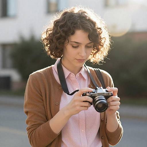 Young Woman Adjusting Camera in Sunlight