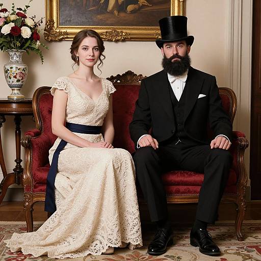 Elegantly Dressed Couple on Red Armchair