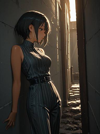 Anime Woman in Pinstripe Jumpsuit in Alleyway