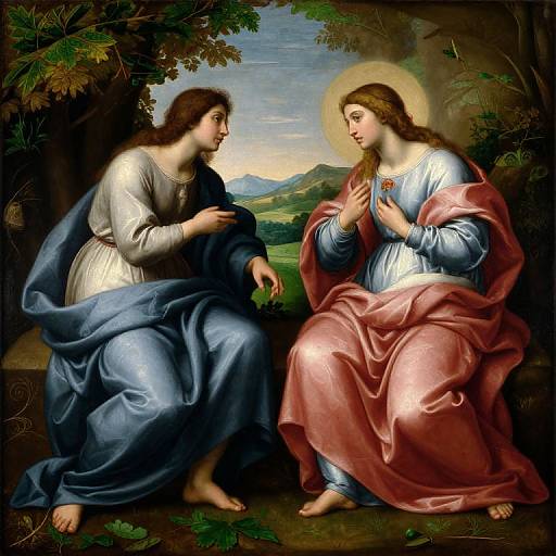 Renaissance painting of two angels in flowing robes, one blue, one pink, with a haloed, praying angel against a mountainous landscape.