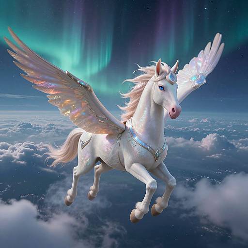 Digital artwork of a white Pegasus with glowing wings and a unicorn horn, flying through a starry, aurora-lit sky above fluffy clouds.