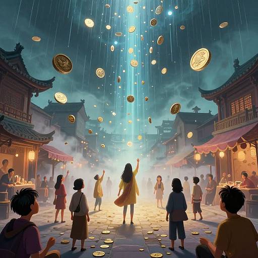 Surreal Coins Rain Over Ancient Market