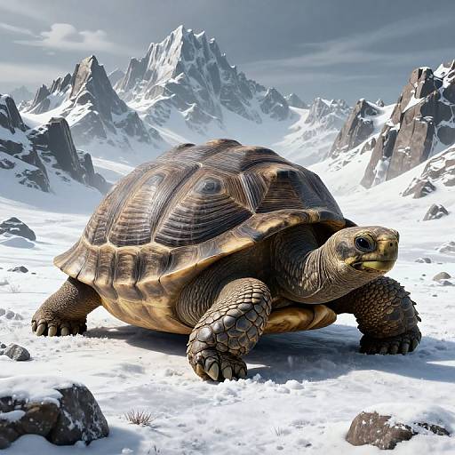 Photorealistic CGI of a large tortoise with a brown, patterned shell, walking in a snowy, mountainous landscape with jagged peaks under