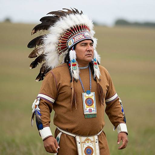 Photograph of a Native American man in traditional brown attire, feathered headdress, and bead necklaces, standing in a grassy field.