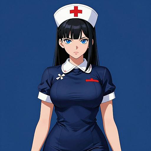 Digital anime-style drawing of a stern-looking, blue-eyed, black-haired nurse with large breasts, wearing a navy uniform and white cap with a red cross