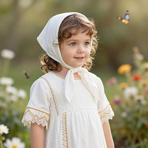Child in White Dress in Sunny Garden