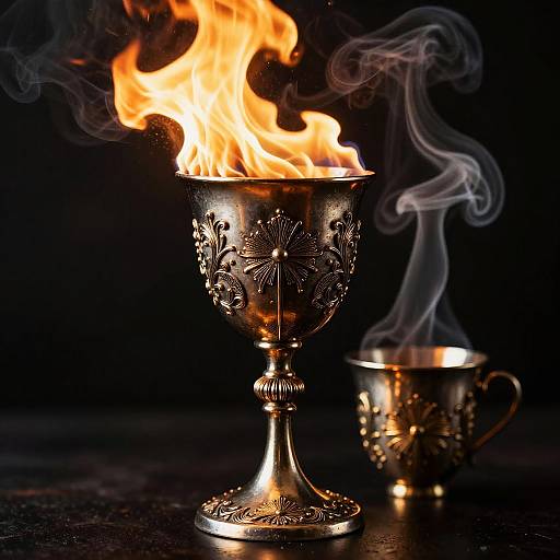 Photograph of a silver, intricately engraved chalice with roaring flames and wisps of smoke, set against a dark background. A smaller, similar