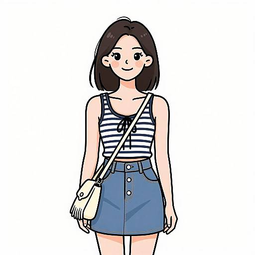 Digital cartoon of a smiling young woman with black bob haircut, wearing a striped tank top, blue button-up skirt, and white crossbody bag.