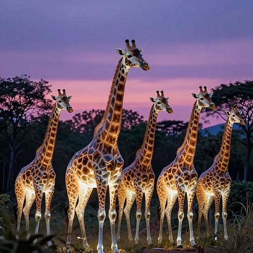 Photograph of five illuminated giraffes with orange and brown patterns standing in a savannah at twilight, against a vibrant purple and pink sky. Sil