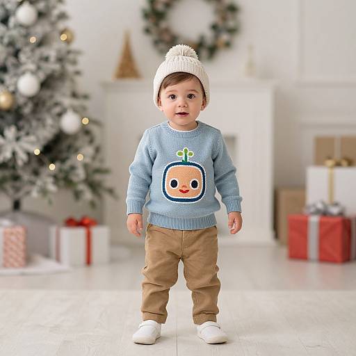Photograph of a toddler in a light blue sweater with a cute pumpkin design, beige pants, white shoes, and white knit hat, standing in front