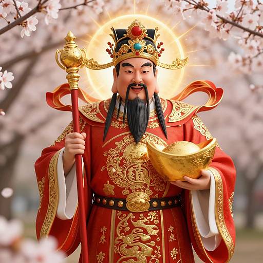 Photorealistic digital art of an Asian emperor with a gold halo, red and gold robes, black beard, and crown, holding a staff and golden