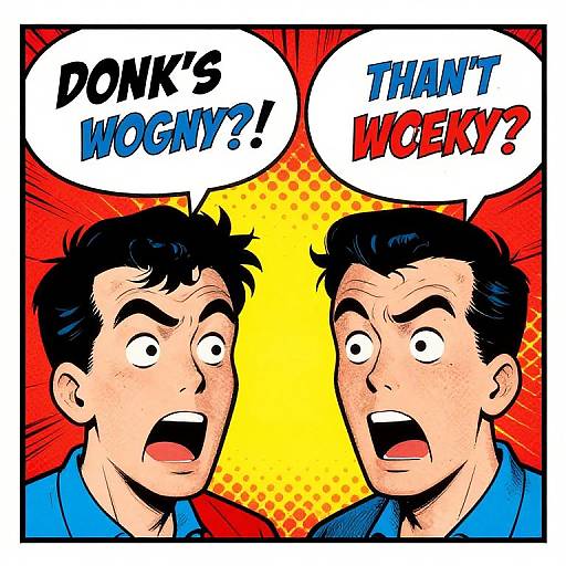 Comic-style drawing: Two shocked men with black hair and blue shirts, wide eyes, and open mouths. Top left speech bubble: 