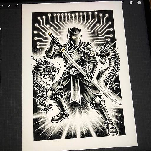 Monochrome Cyber Ninja with Dragons and Circuitry