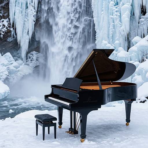 Photograph of a grand piano with its lid open, set in a snowy, icy cave with cascading icicles and a small bench.